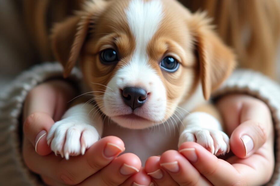 A cute puppy with big blue eyes looking up while being hugged in a girl's hands, showing a soft and innocent expression, perfect example of puppy dog eyes.