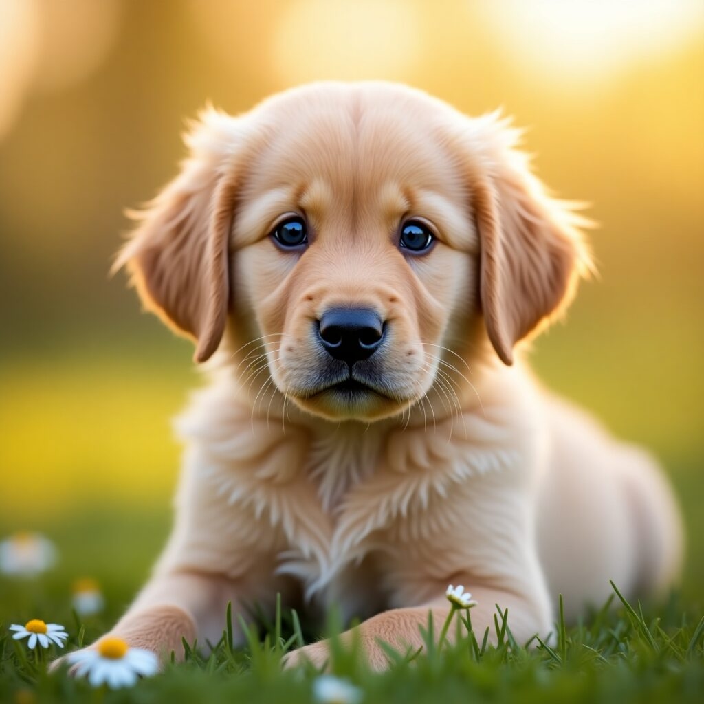 Close-up of a puppy showing blue puppy dog eyes while sitting calmly, demonstrating the stages of eye color change in puppies